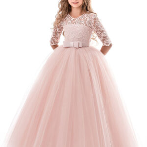 soft pink kids dress lace half sleeve bows tulle a line girls pageant dress showprettydress
