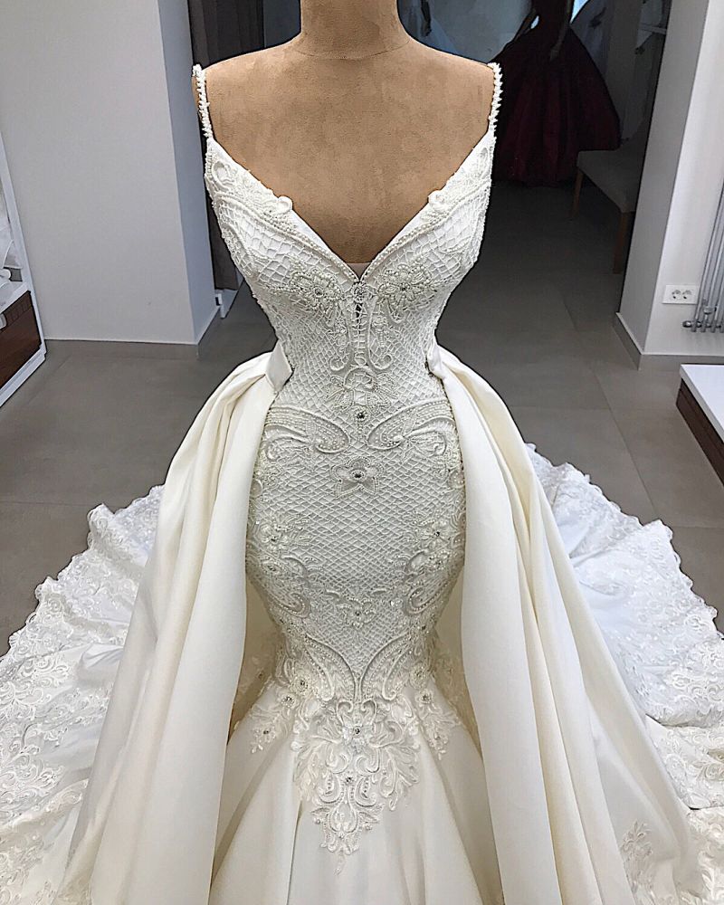 spaghetti straps lace fit and flare wedding dresses overskirt appliques detachable satin backless bridal gowns showprettydress 2 spaghetti straps lace fit and flare wedding dresses overskirt appliques detachable satin backless bridal gowns showprettydress 2