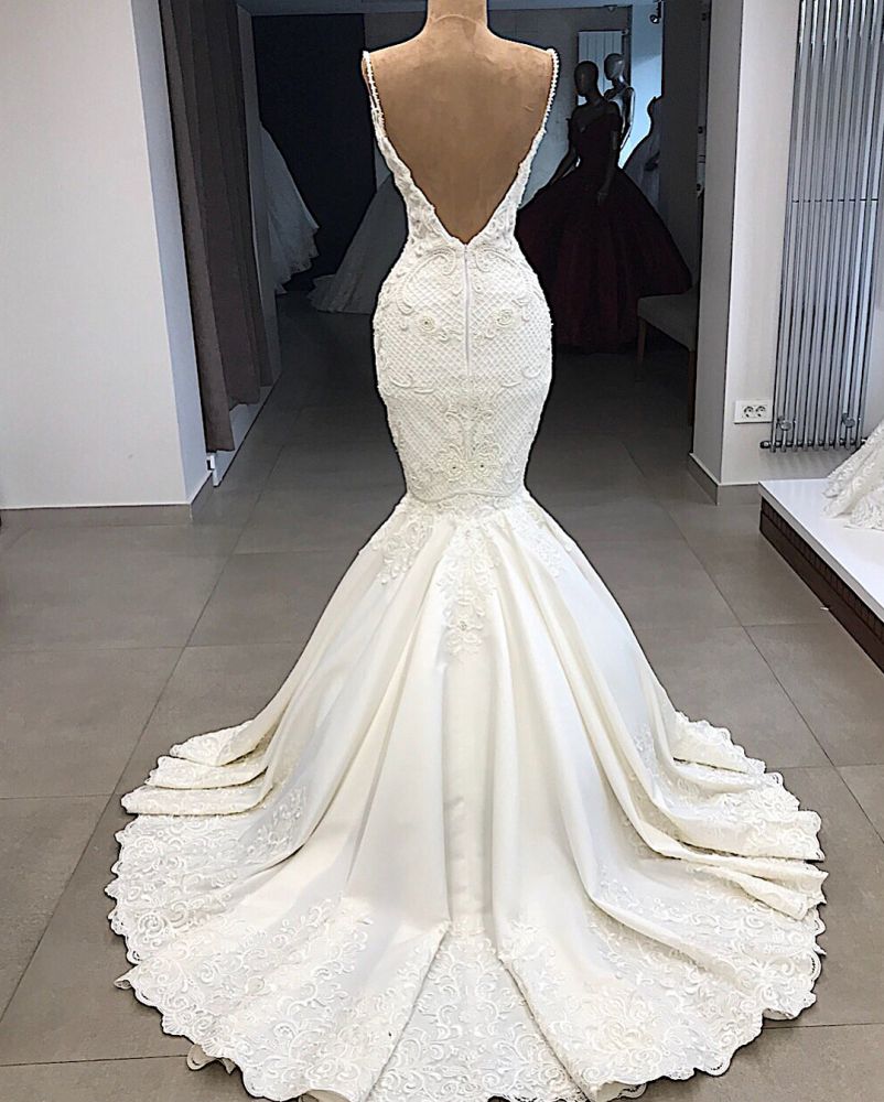 spaghetti straps lace fit and flare wedding dresses overskirt appliques detachable satin backless bridal gowns showprettydress 3 spaghetti straps lace fit and flare wedding dresses overskirt appliques detachable satin backless bridal gowns showprettydress 3