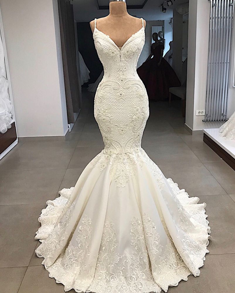 spaghetti straps lace fit and flare wedding dresses overskirt appliques detachable satin backless bridal gowns showprettydress 4 spaghetti straps lace fit and flare wedding dresses overskirt appliques detachable satin backless bridal gowns showprettydress 4