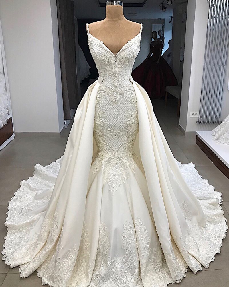 spaghetti straps lace fit and flare wedding dresses overskirt appliques detachable satin backless bridal gowns showprettydress 5 spaghetti straps lace fit and flare wedding dresses overskirt appliques detachable satin backless bridal gowns showprettydress 5