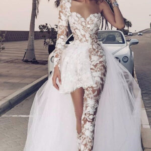 special two piece tulle hi lo wedding dress lace short sexy one shoulder with long sleeve on one side showprettydress