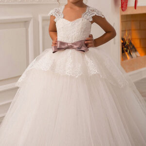 square neck lace short sleeves ankle length ball gown bows kids pageant flower girl dresses showprettydress