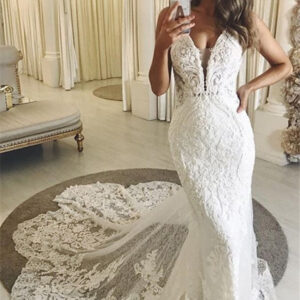 summer v neck white column court train wedding dress showprettydress