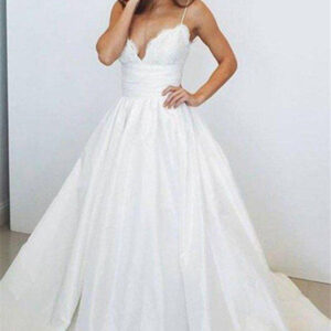 sweep train ball gown sleeveless ruched satin spaghetti straps wedding dresses showprettydress