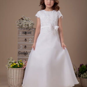 sweet a line white satin ankle length first communion dress showprettydress