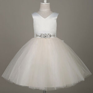 tulle satin v neck tutu dress ivory beading waist sleeveless a line dinner dress with sash showprettydress