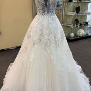 Unique Long A-line Tulle V Neck Beaded Lace Wedding Dress