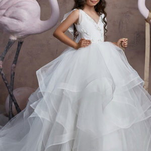 v neck lace sleeveless floor length shoulder bows princess tiered kids social party dresses showprettydress
