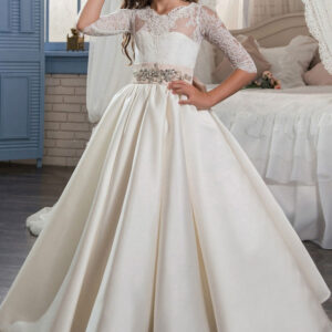 v neck satin fabric half sleeves floor length princess bows kids party dresses showprettydress