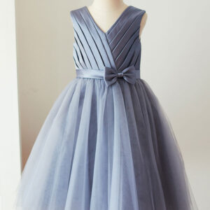 v neck satin fabric sleeveless short princess sash kids party dresses showprettydress
