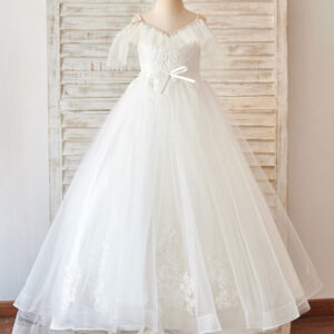 v neck sleeveless beaded kids social party lace dresses showprettydress
