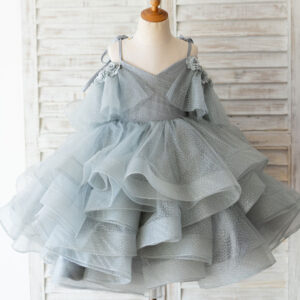 v neck sleeveless flowers tulle grey kids social party dresses showprettydress