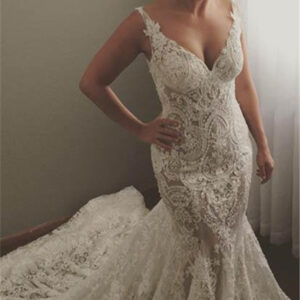 v neck sleeveless mermaid wedding dresses modern lace appliques bridal gown showprettydress