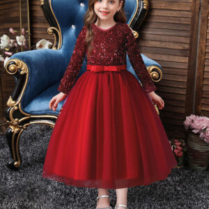 v neck tulle long sleeves ankle length a line bows burgundy kids social party dresses showprettydress
