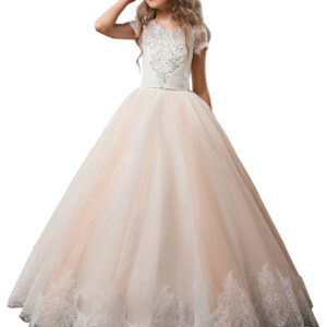v neck tulle short sleeves ankle length ball gown bows kids pageant flower girl dresses showprettydress