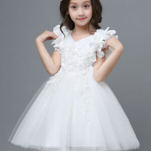 white a line zipper v neck sleeveless tulle flowers kids party dresses showprettydress