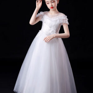 white illusion neckline short sleeves ankle length princess dress flowers beaded embellishment tulle kids party dresses showprettydress