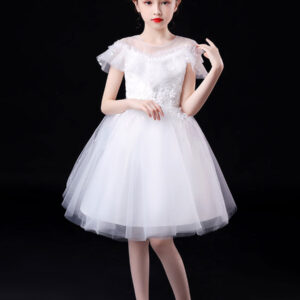 white illusion neckline short sleeves tulle princess dress flowers beaded embellishment kids party dresses showprettydress