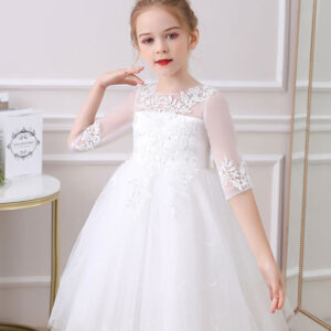 white jewel neck 34 length sleeves tulle polyester cotton flowers formal kids pageant flower girl dresses showprettydress
