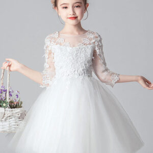 white jewel neck cut out formal kids pageant flower girl dresses showprettydress