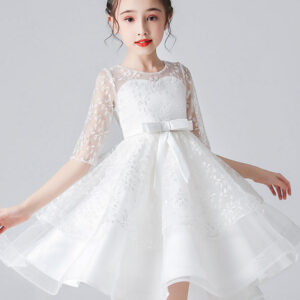 white jewel neck half sleeves bows kids social party dresses showprettydress