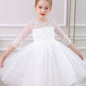 white jewel neck lace half sleeves silhouette bows short princess dress kids social party dresses showprettydress