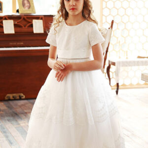 white jewel neck lace short sleeves tea length a line lace flower girl dresses showprettydress