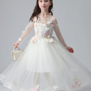 white jewel neck long sleeves ankle length princess dress tulle flowers beaded embroidered formal kids pageant flower girl dresses showprettydress
