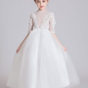 white jewel neck polyester half sleeves ankle length princess dress kids formal pageant dresses showprettydress