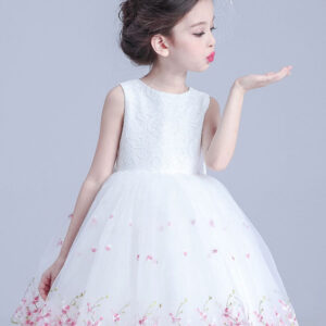 white jewel neck sleeveless bows kids social party dresses showprettydress