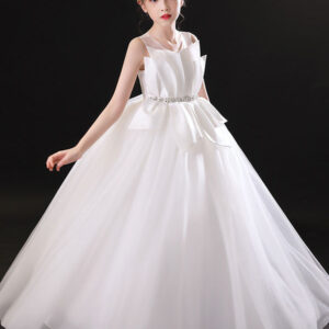 white jewel neck sleeveless floor length tulle princess dress pleated kids party dresses showprettydress