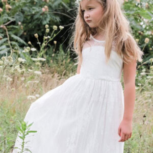 white jewel neck sleeveless sash lace formal kids pageant flower girl dresses showprettydress