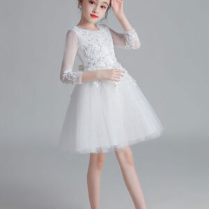 white jewel neck sleeves tulle polyester cotton lace embroidered kids party dresses showprettydress