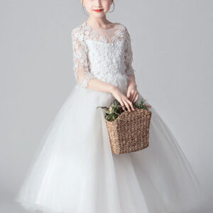 white jewel neck tulle ankle length princess dress cut out formal flower girl dresses showprettydress