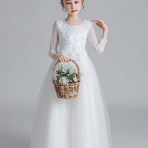 white jewel neck tulle polyester lace embroidered formal kids pageant flower girl dresses showprettydress