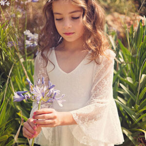 white lace flare sleeve sash a line v neck ankle length boho flower girl dress showprettydress