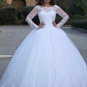 White Long A-line Lace Appliques Tulle Wedding Dresses with Sleeves