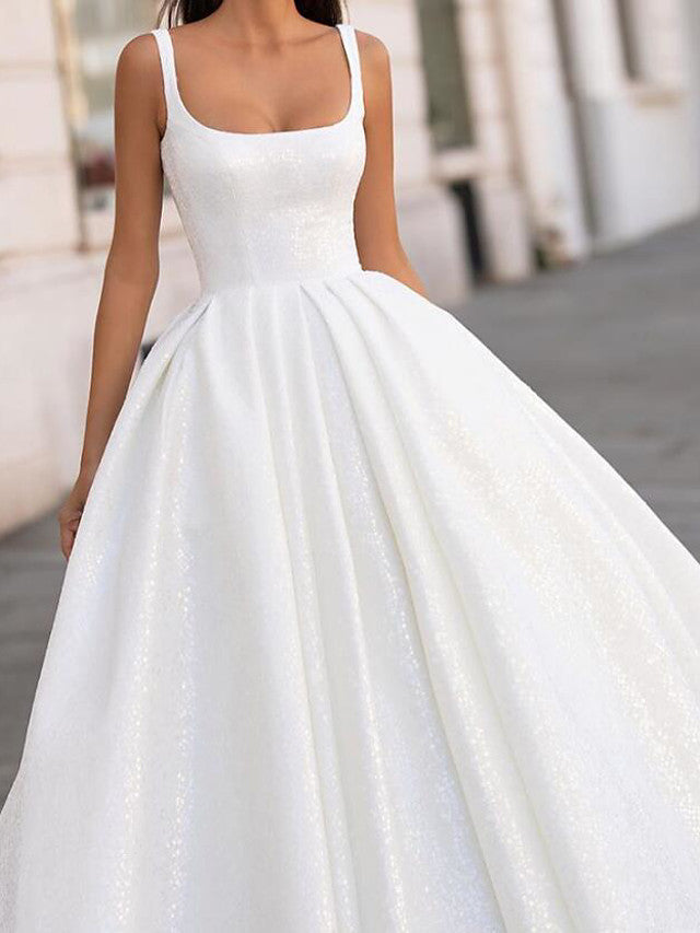 white-long-ball-gown-scoop-neck-court-train-satin-wedding-dresses-showprettydress-2 White Long Ball Gown Scoop Neck Court Train Satin Wedding Dresses - Image 2