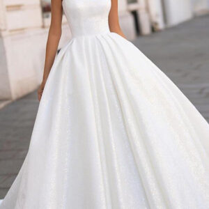 White Long Ball Gown Scoop Neck Court Train Satin Wedding Dresses