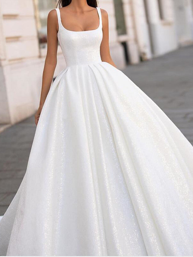 white-long-ball-gown-scoop-neck-court-train-satin-wedding-dresses-showprettydress White Long Ball Gown Scoop Neck Court Train Satin Wedding Dresses