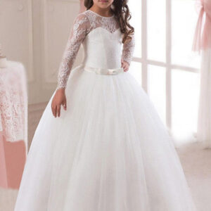 white princess pageant dress long sleeve lace kids bow sash long party dress showprettydress
