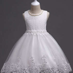 white tutu kids dinner party dresses lace applique pearls tassels princess social dresses showprettydress