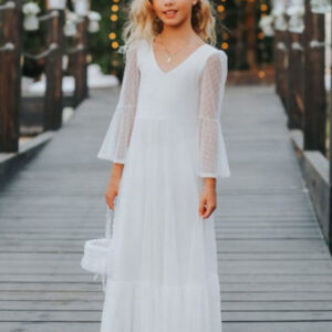 white v neck lace long sleeves floor length a line lace kids social party dresses showprettydress