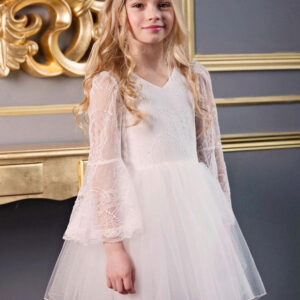 white v neck long sleeves polyester kids social party dresses showprettydress