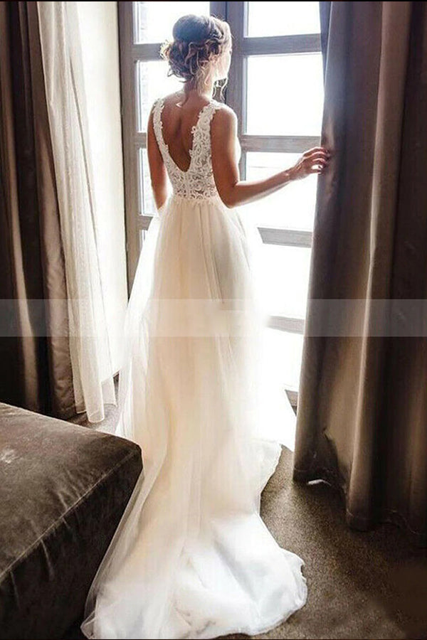 whiteivory v neck lace tulle bridal dress aline beach wedding dress showprettydress 2 whiteivory v neck lace tulle bridal dress aline beach wedding dress showprettydress 2