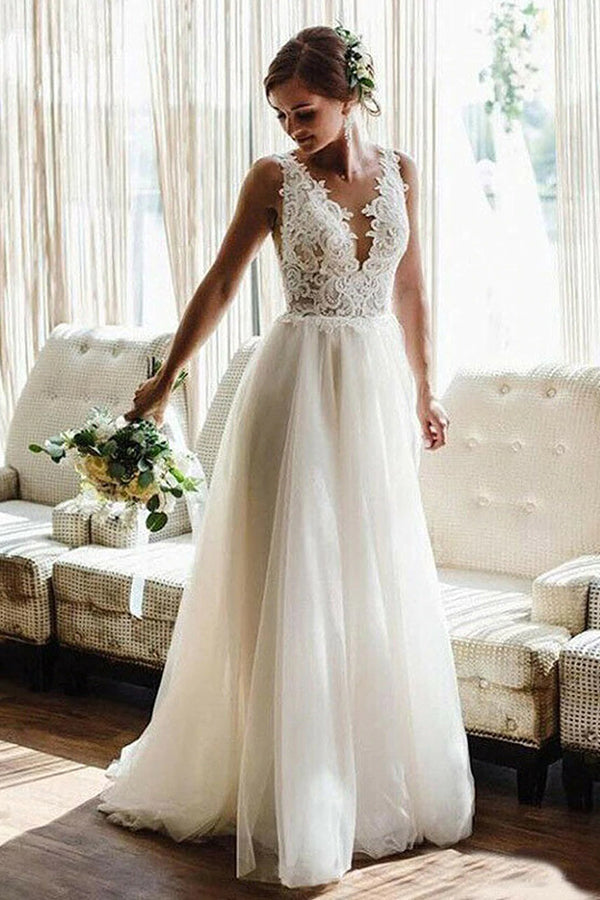 whiteivory v neck lace tulle bridal dress aline beach wedding dress showprettydress whiteivory v neck lace tulle bridal dress aline beach wedding dress showprettydress