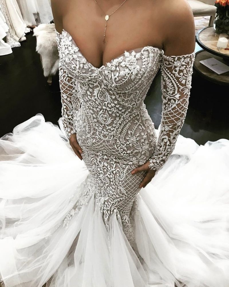 wholesale fit and flare classic long sleevess wedding dresses off the shoulder lace classic bridal gowns showprettydress 2 wholesale fit and flare classic long sleevess wedding dresses off the shoulder lace classic bridal gowns showprettydress 2
