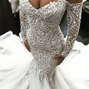 wholesale fit and flare classic long sleevess wedding dresses off the shoulder lace classic bridal gowns showprettydress