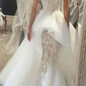 wholesale fit and flare tulle lace wedding dresses short sleeves court train bridal gown showprettydress